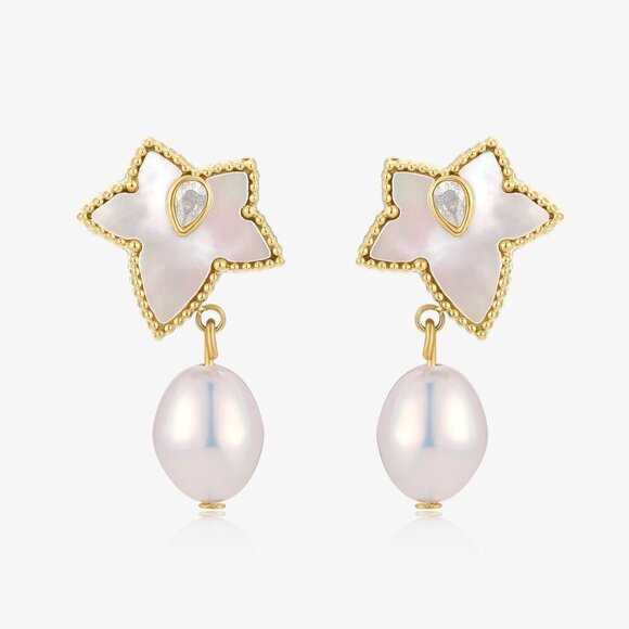 Leaf Design Rice Shape Pearl Earrings - Picture 2 of 2